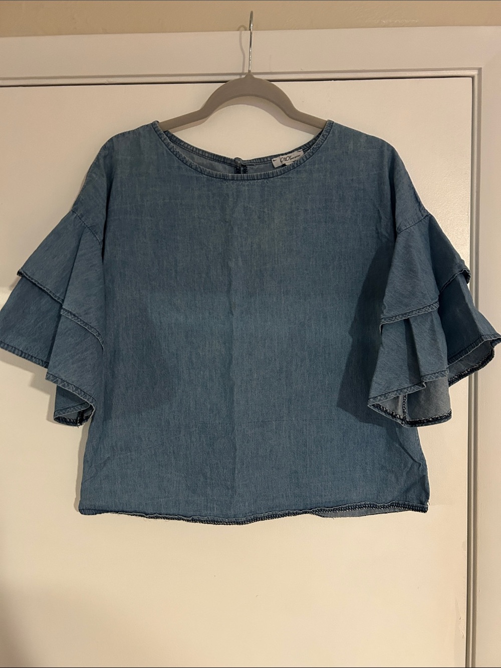 Light Blue Denim Ruffle Sleeve Blouse